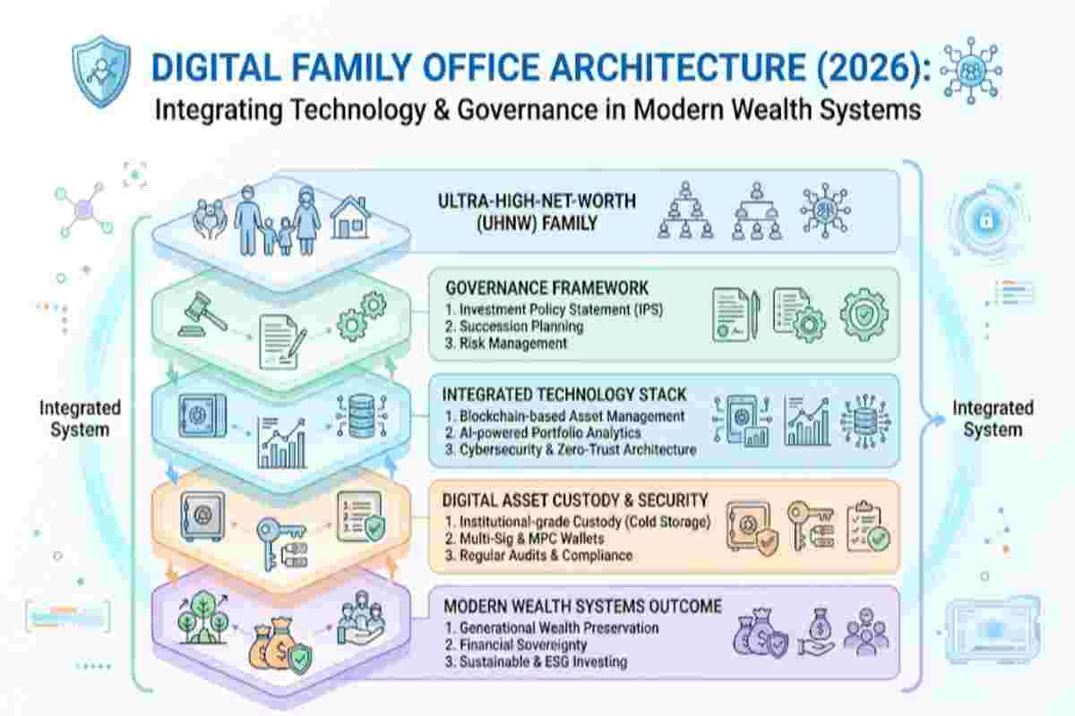 Infographic of Digital Family Office Architecture (2026) Exploring Integrating Technology & Governance in Modern Wealth Systems