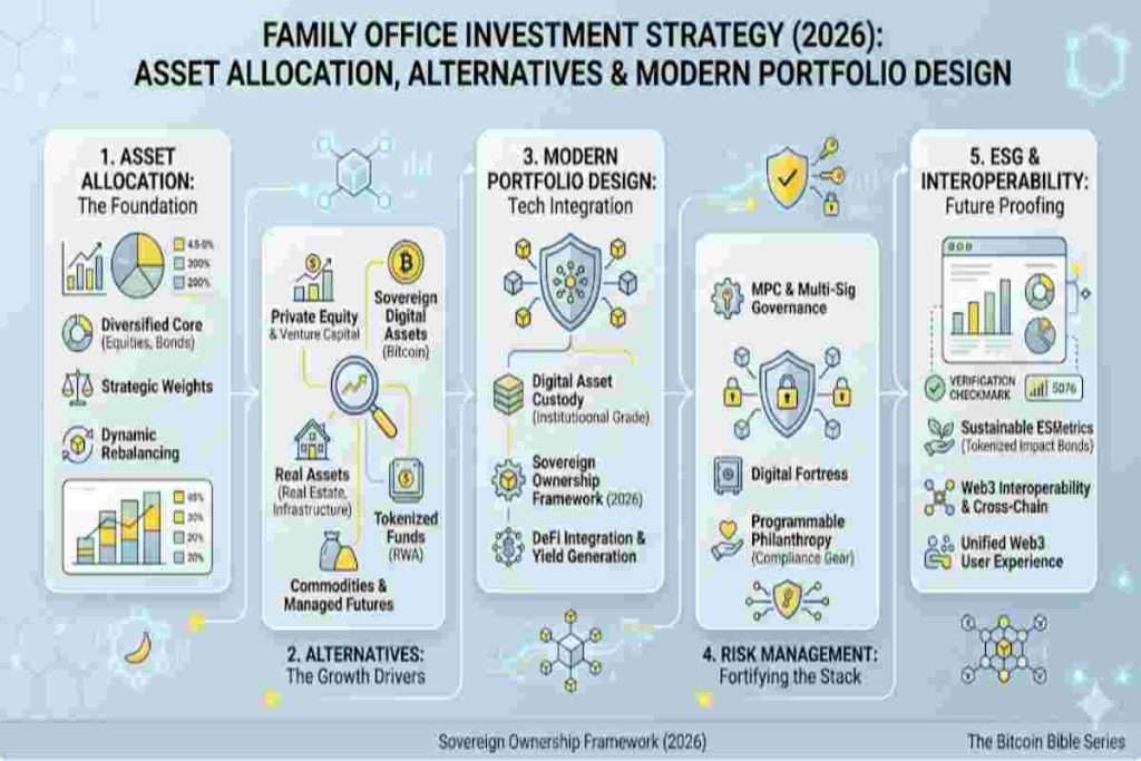 Infographic of Family Office Investment Strategy (2026) Exploring Asset Allocation, Alternatives & Modern Portfolio Design