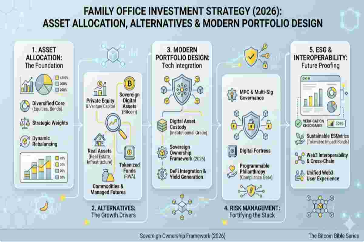 Infographic of Family Office Investment Strategy (2026) Exploring Asset Allocation, Alternatives & Modern Portfolio Design