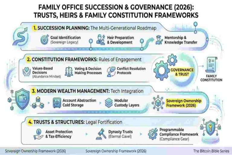 Infographic of Family Office Succession & Governance (2026) Exploring Trusts, Heirs & Family Constitution Frameworks