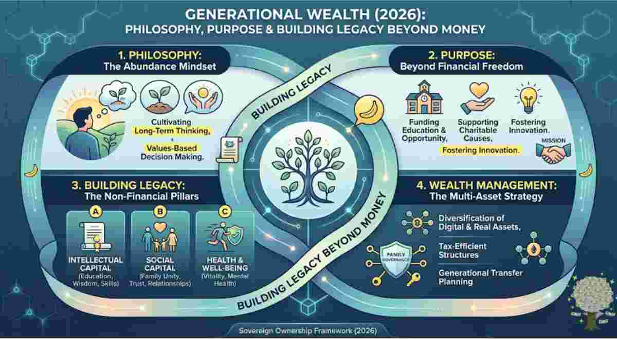Infographic of Generational Wealth (2026) Explained Philosophy, Purpose Purpose & Building Legacy Beyond Money