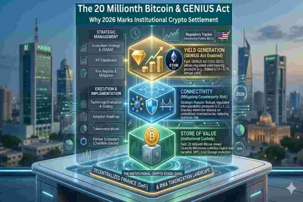 Infographic of Institutional Crypto Settlement explained The 20 Millionth Bitcoin & GENIUS Act: Why 2026 Marks Institutional Crypto Settlement