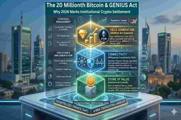 Infographic of Institutional Crypto Settlement explained The 20 Millionth Bitcoin & GENIUS Act: Why 2026 Marks Institutional Crypto Settlement