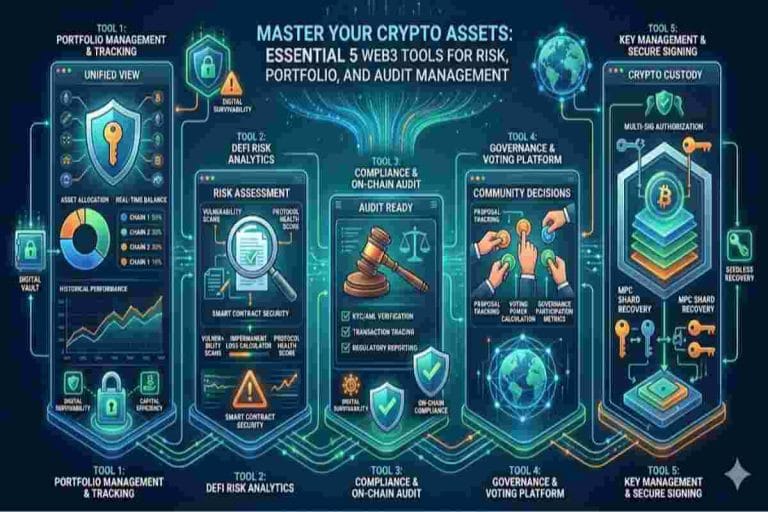 This Infographic of Crypto Self Custody Security Toolkit Crypto Assets- Essential 5 Web3 Tools for Risk, Portfolio, and Audit Management in 2025
