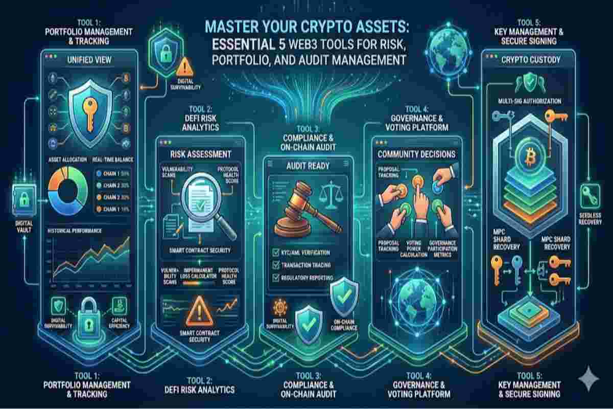 This Infographic of Crypto Self Custody Security Toolkit Crypto Assets- Essential 5 Web3 Tools for Risk, Portfolio, and Audit Management in 2025