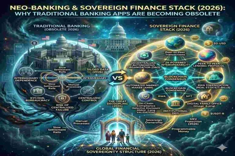 Infographic of Neo-Banking & Sovereign Finance Stack (2026) Explaned Why Traditional Banking Apps Are Becoming Obsolete
