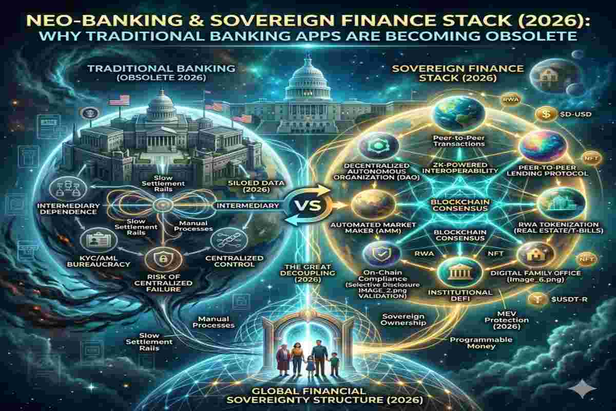 Infographic of Neo-Banking & Sovereign Finance Stack (2026) Explaned Why Traditional Banking Apps Are Becoming Obsolete