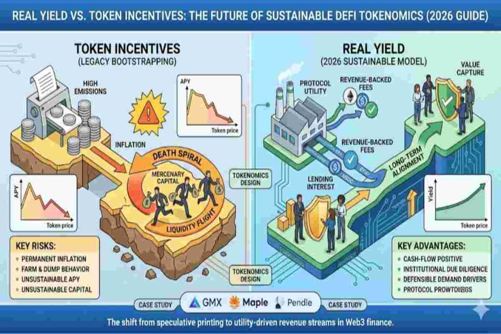 Infographic shows Real Yield vs. Token Incentives and Explain The Future of Sustainable DeFi Tokenomics (2026 Guide)