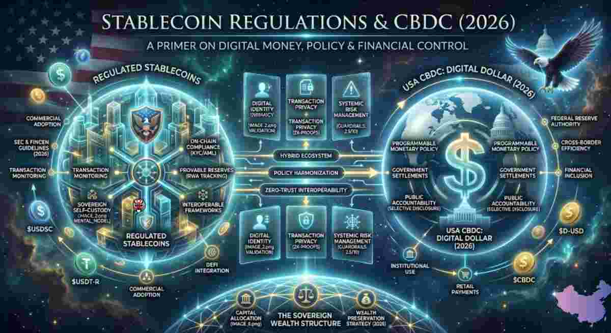 Infographic of Stablecoin Regulations & CBDC (2026) shows A Primer on Digital Money, Policy & Financial Control