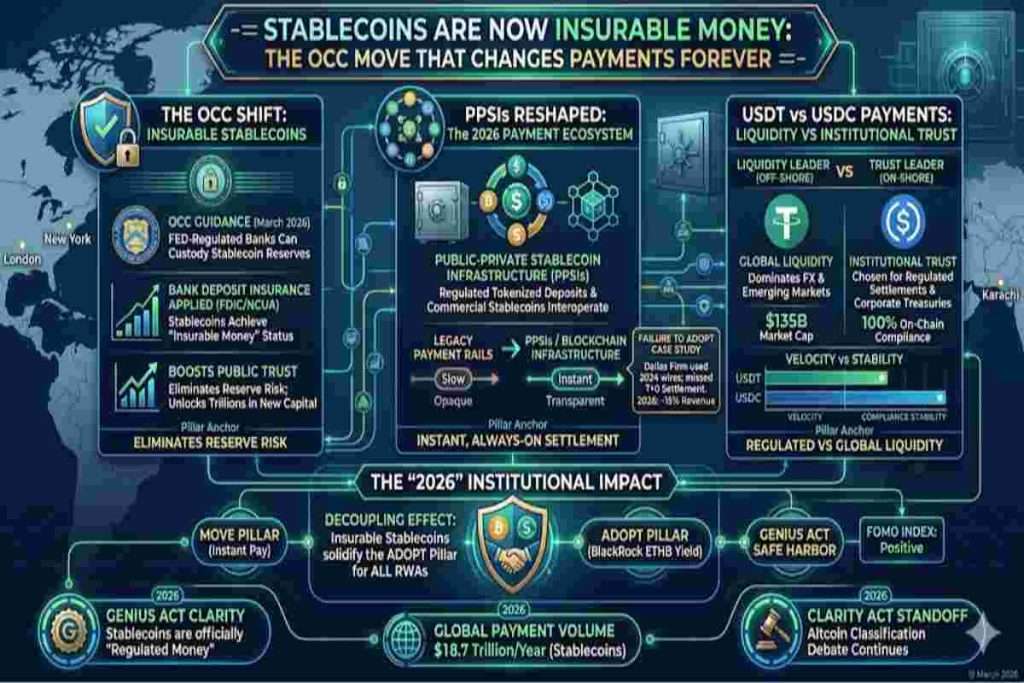 Infographic of Stablecoins Are Now Insurable Money also explained The OCC Move That Changes Payments Forever in 2026