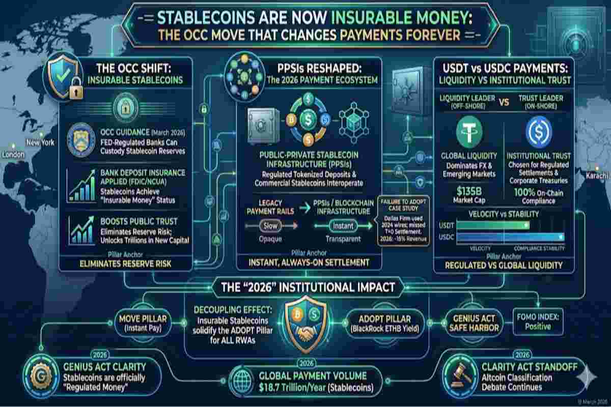 Infographic of Stablecoins Are Now Insurable Money also explained The OCC Move That Changes Payments Forever in 2026