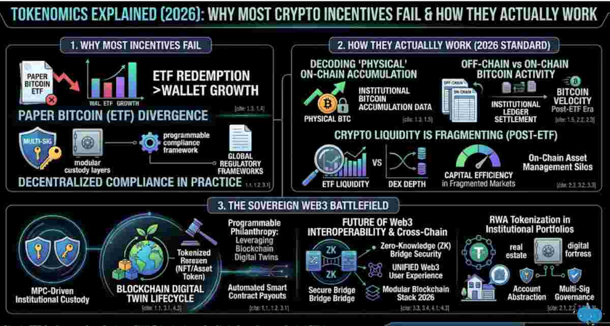 Infographic of Tokenomics Explained (2026) and explained Why Most Crypto Incentives Fail & How They Actually Work