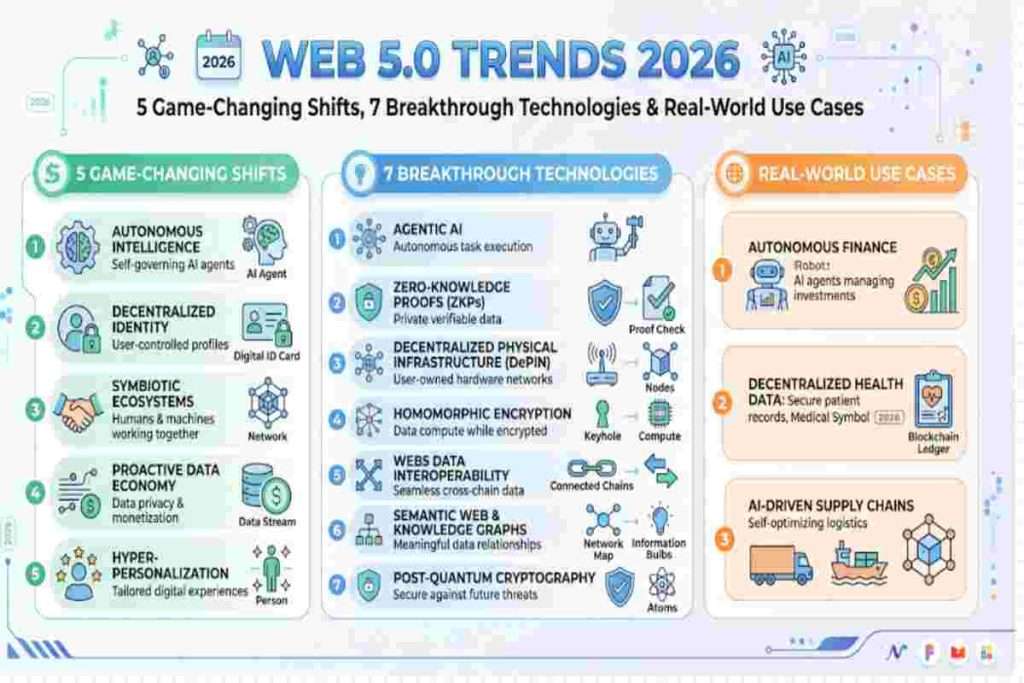 Infographic of Web 5.0 Trends 2026 Exploring 5 Game-Changing Shifts, 7 Breakthrough Technologies & Real-World Use Cases