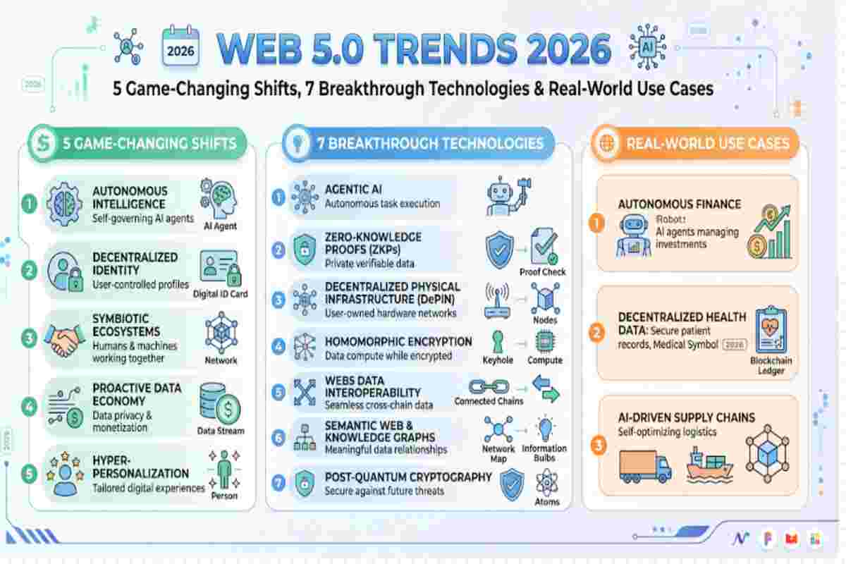 Infographic of Web 5.0 Trends 2026 Exploring 5 Game-Changing Shifts, 7 Breakthrough Technologies & Real-World Use Cases