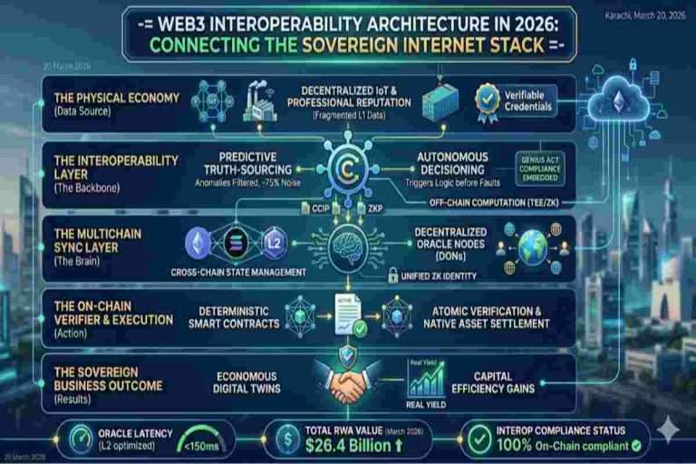 This infographic of Web3 Interoperability Architecture in 2026: Connecting the Sovereign Internet Stack