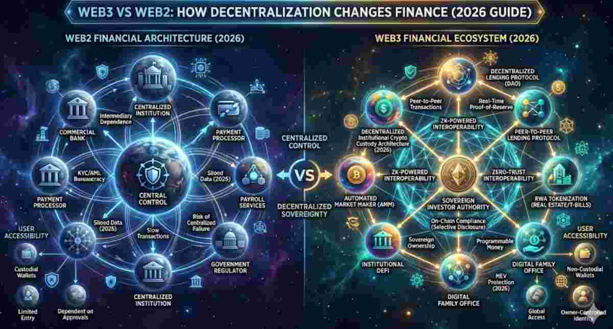 Infographic of Web3 vs Web2 Explained How Decentralization Changes Finance (2026 Guide)