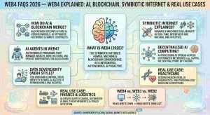 infographic of Web4 FAQs 2026. Explore Web4 Explained: AI, Blockchain, Symbiotic Internet & Real Use Cases