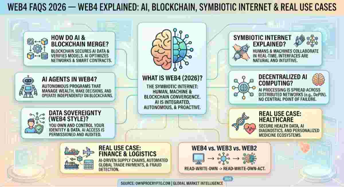 infographic of Web4 FAQs 2026. Explore Web4 Explained: AI, Blockchain, Symbiotic Internet & Real Use Cases