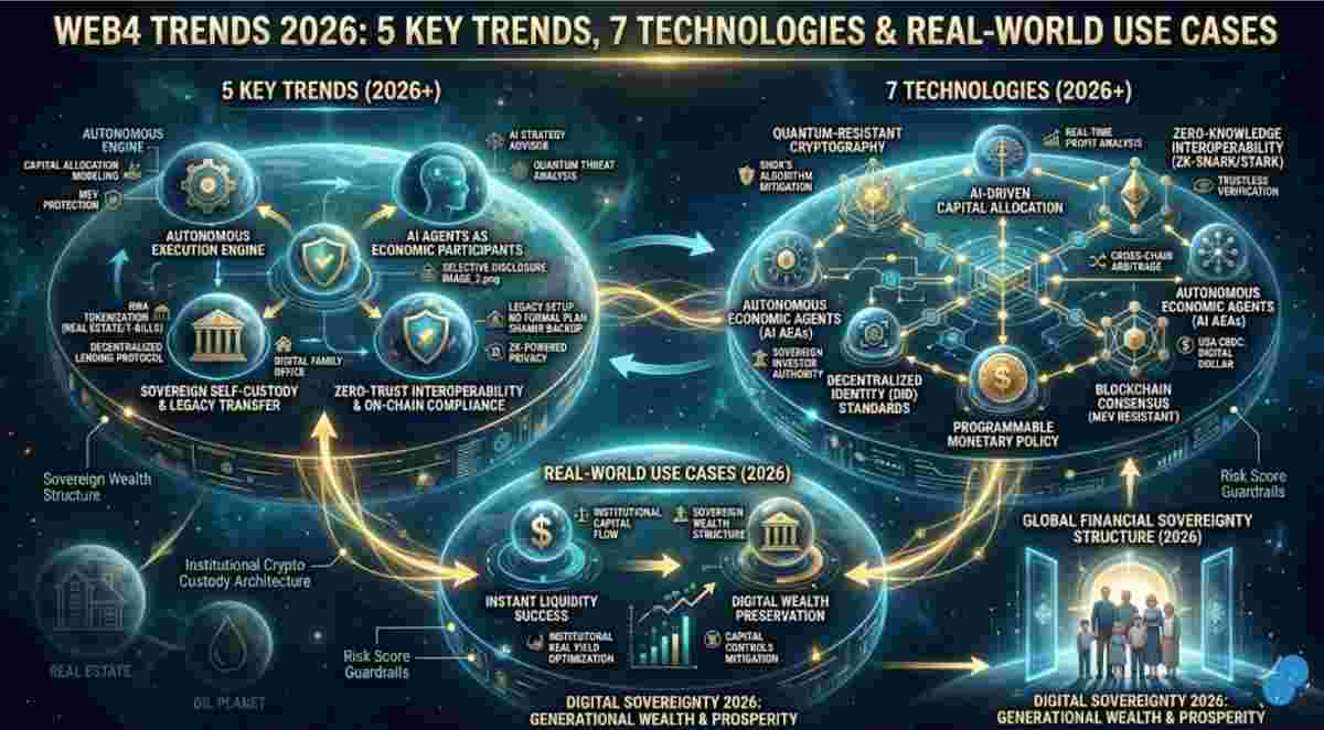 Infographic of Web4 Trends 2026 Explore the 5 Key Trends, 7 Technologies & Real-World Use Cases