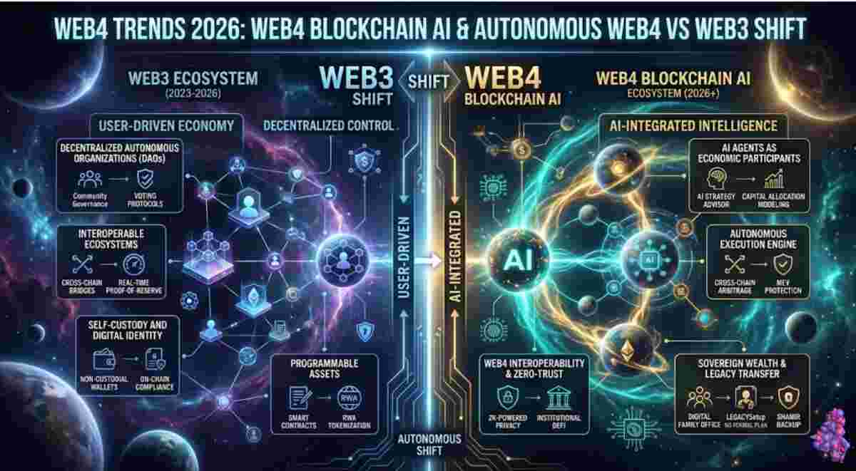 Infographic of Web4 Trends 2026. Explained Web4 Blockchain AI & Autonomous Web4 vs Web3 Shift