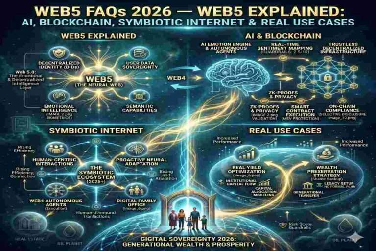 Infographic of Web5 FAQs 2026. Exploring the Web5 Explained: AI, Blockchain, Symbiotic Internet & Real Use Cases