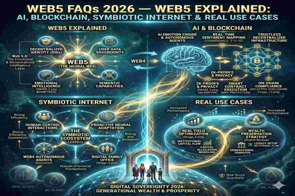 Infographic of Web5 FAQs 2026. Exploring the Web5 Explained: AI, Blockchain, Symbiotic Internet & Real Use Cases