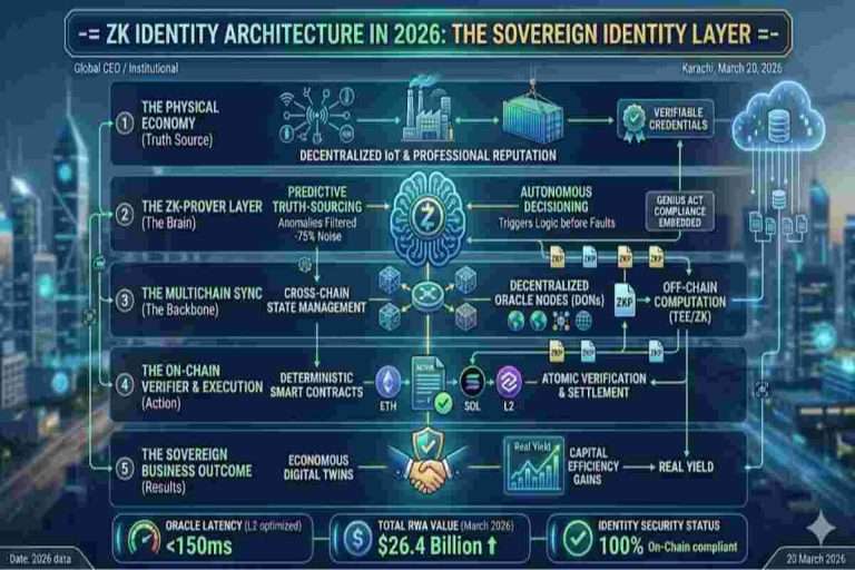 This infographic of ZK Identity Architecture in 2026- Verifiable Credentials and the Web3 Identity Layer