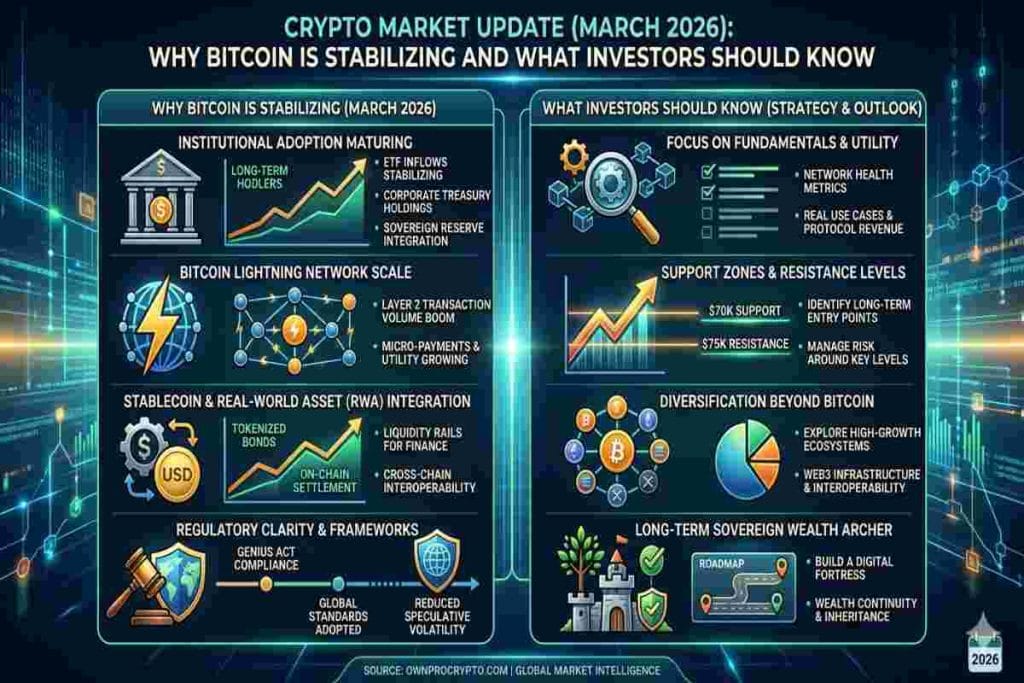 infographic of Crypto Market Update (March 2026) explaned Why Bitcoin Is Stabilizing and What Investors Should Know
