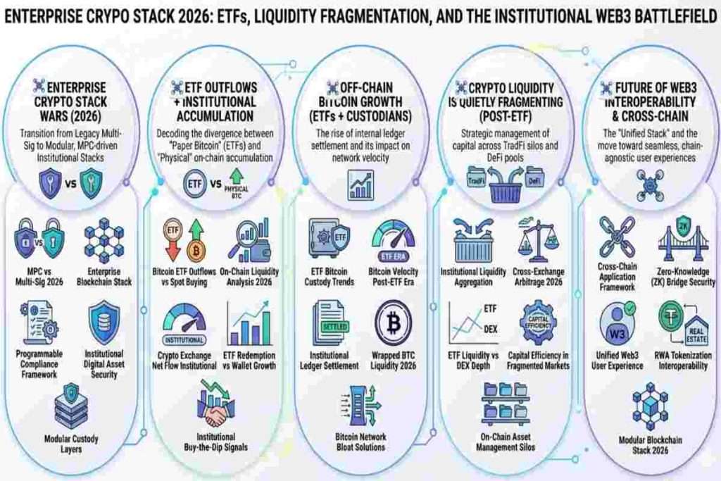 Infographic of Enterprise Crypto Stack Wars explaining MPC, Custody, ETFs, and the New Institutional Battlefield (2026)