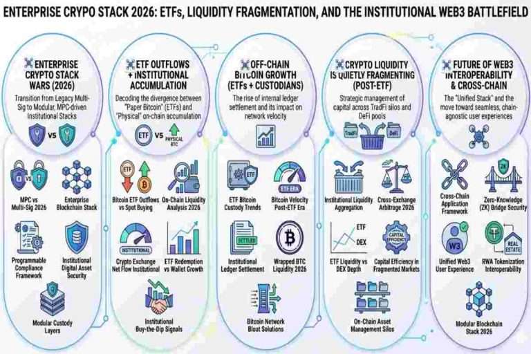 Infographic of Enterprise Crypto Stack Wars explaining MPC, Custody, ETFs, and the New Institutional Battlefield (2026)