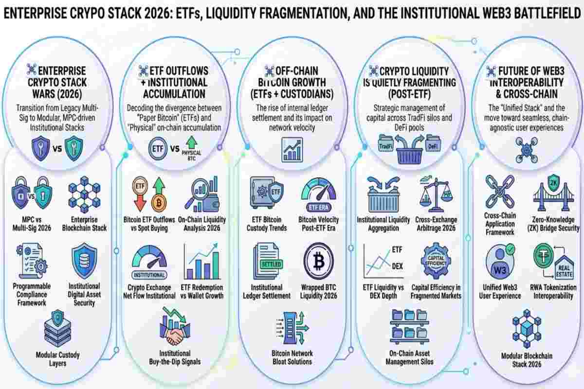 Infographic of Enterprise Crypto Stack Wars explaining MPC, Custody, ETFs, and the New Institutional Battlefield (2026)