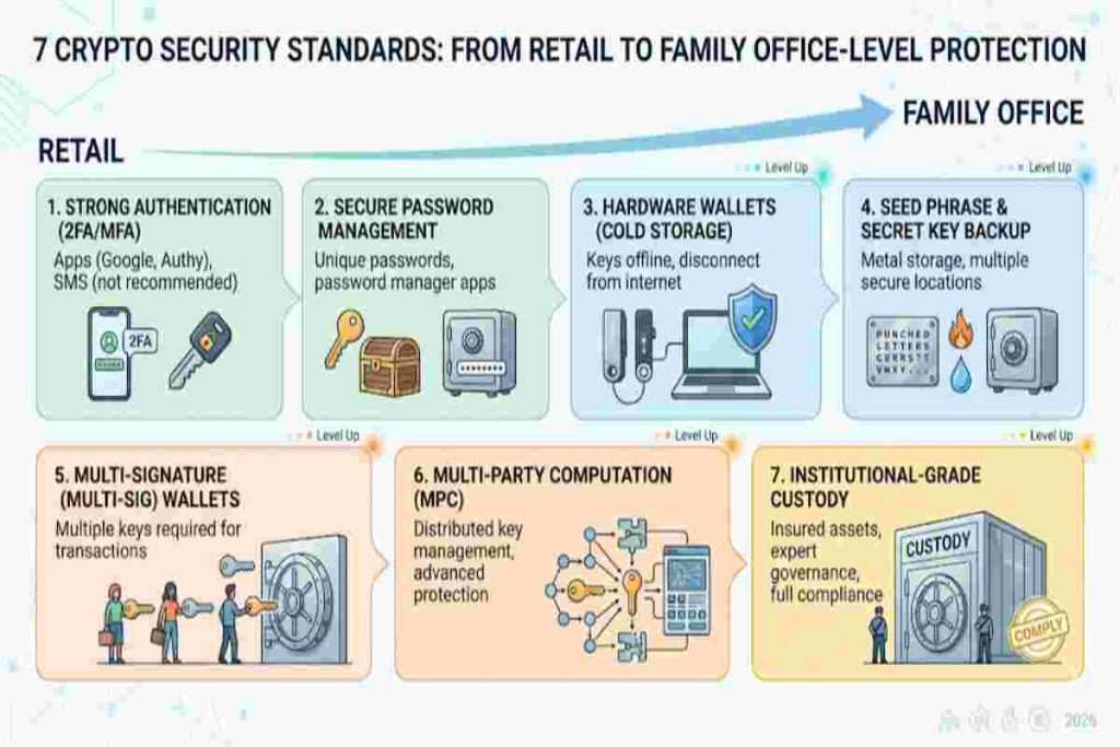 Infographic of 7 Crypto Security Standards: From Retail to Family Office-Level Protection