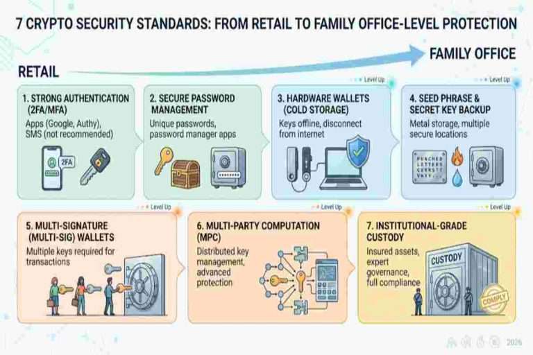 Infographic of 7 Crypto Security Standards: From Retail to Family Office-Level Protection