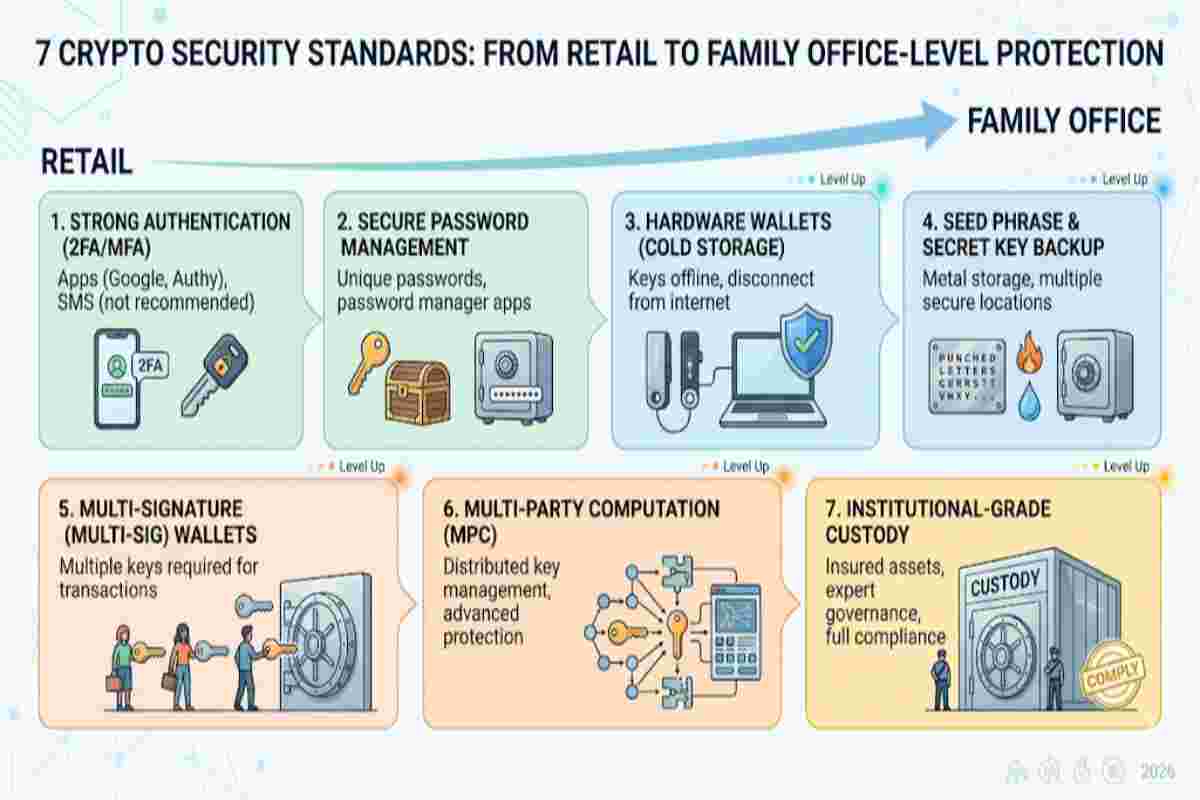 Infographic of 7 Crypto Security Standards: From Retail to Family Office-Level Protection