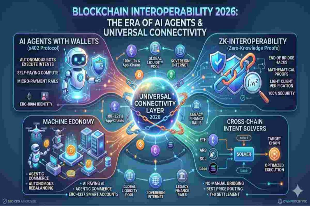 Infographic of Blockchain Interoperability 2026. Exploring The Era of AI Agents & Universal Connectivity
