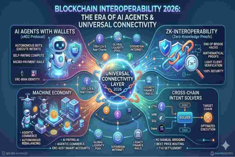 Infographic of Blockchain Interoperability 2026. Exploring The Era of AI Agents & Universal Connectivity