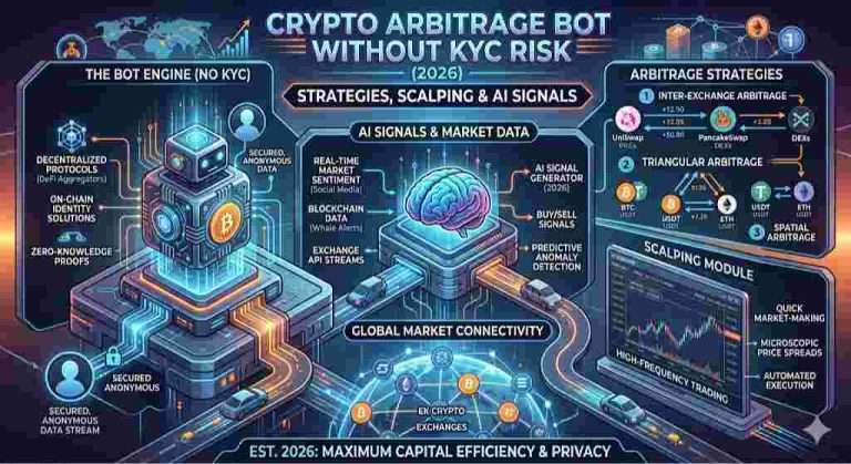 Infographic of Crypto Arbitrage Bot Without KYC Risk Explained Strategies, Scalping & AI Signals (2026)