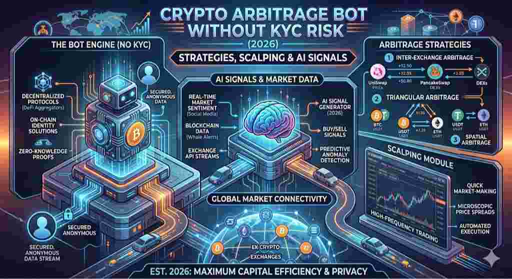 Infographic of Crypto Arbitrage Bot Without KYC Risk Explained Strategies, Scalping & AI Signals (2026)