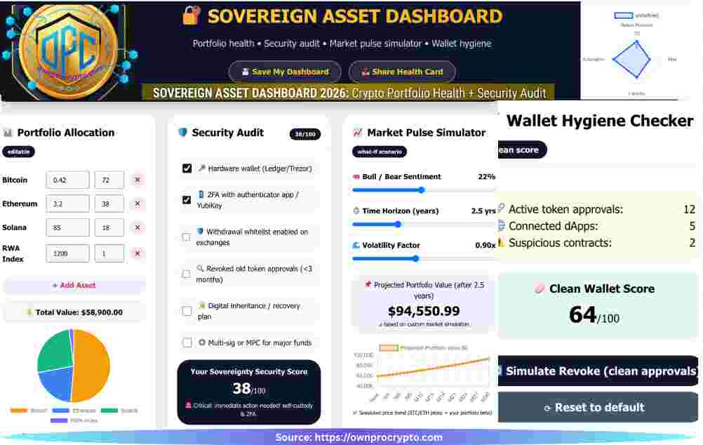 Infographic of Crypto Portfolio Tracker 2026: Security Audit, Risk Management & Wallet Health Dashboard