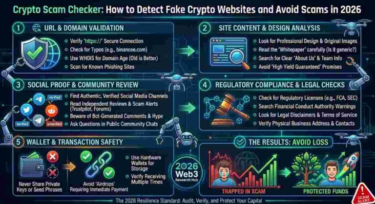 This infographic image of Crypto Scam Checker: Detect Fake Crypto Websites and Avoid Scams in 2026