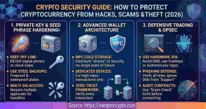 Infographic of Crypto Security Guide: How to Protect Cryptocurrency from Hacks, Scams & Loss This guide answers 40 essential crypto security questions