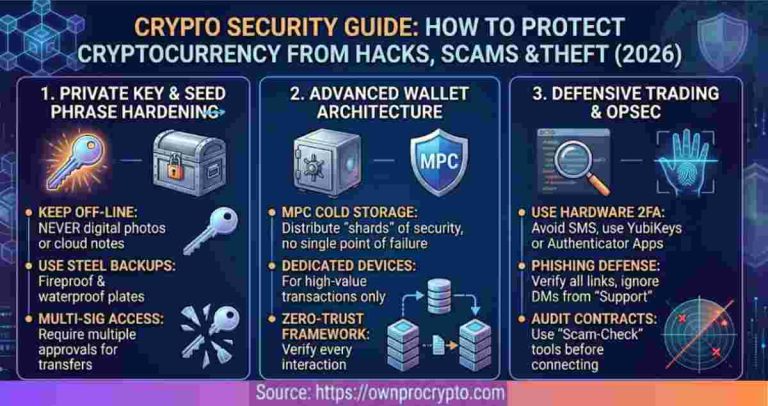 Infographic of Crypto Security Guide: How to Protect Cryptocurrency from Hacks, Scams & Loss This guide answers 40 essential crypto security questions