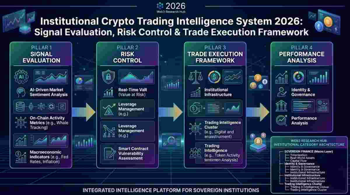 Infographic of Crypto Trading Intelligence & Risk Systems 2026 explained Institutional Signal & Trade Execution Framework