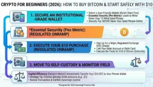 Infographic of Crypto for Beginners (2026) Guide How to Buy Bitcoin & Start Safely with $10