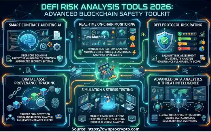 Infographic of DeFi Risk Analysis Tools 2026- Advanced Blockchain Safety Toolkit