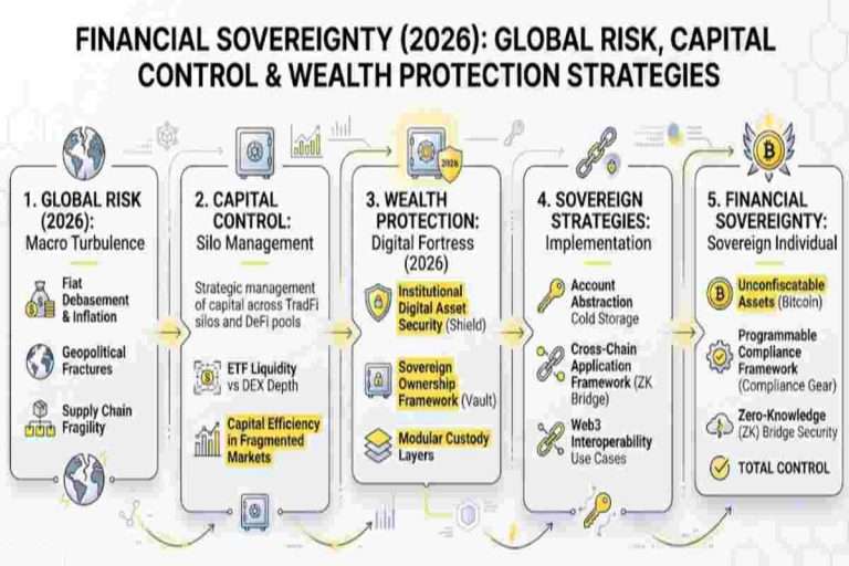 Infographic of Financial Sovereignty (2026) Explaining Global Risk, Capital Control & Wealth Protection Strategies