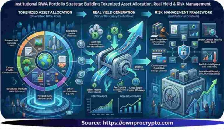Infographic of Institutional RWA Portfolio Strategy 2026 Building Tokenized Asset Allocation, Real Yield & Risk Management