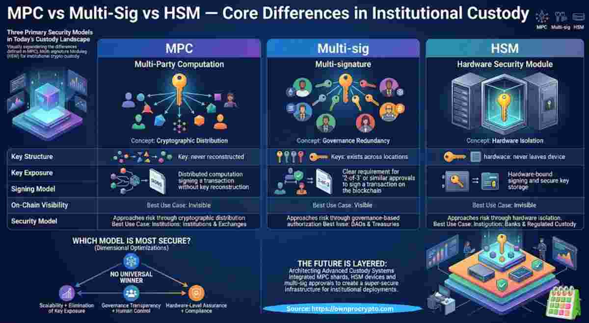 Infographic of MPC vs Multi-Sig vs HSM: Core Differences in 2026