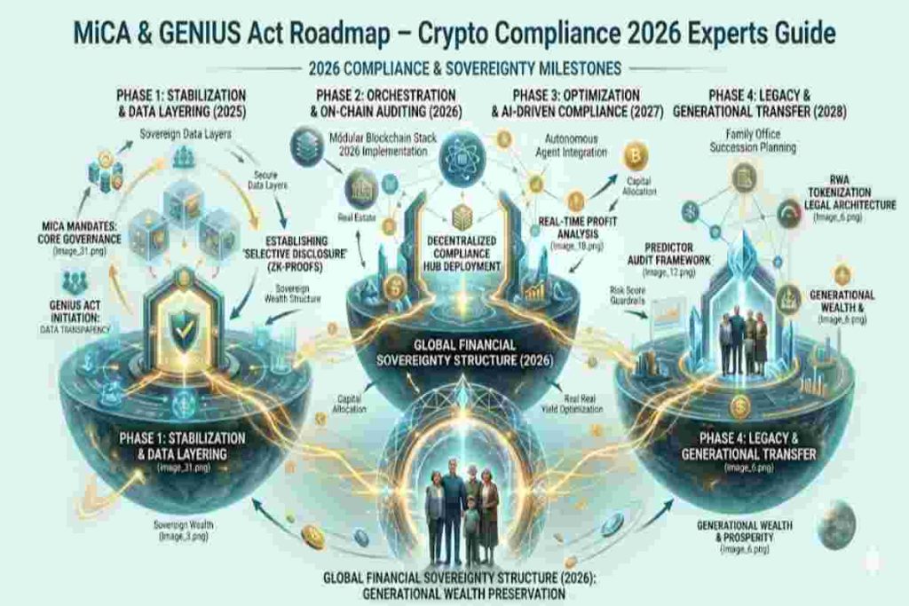 Infographic of MiCA & GENIUS Act Roadmap Exploring Crypto Compliance 2026 Experts Guide