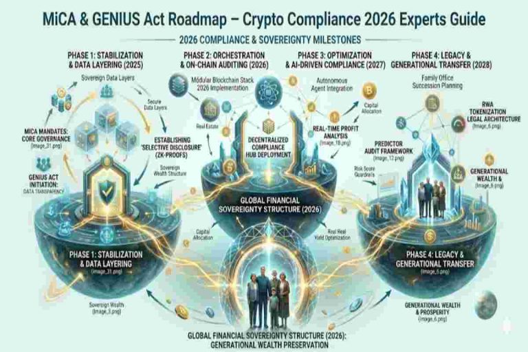 Infographic of MiCA & GENIUS Act Roadmap Exploring Crypto Compliance 2026 Experts Guide
